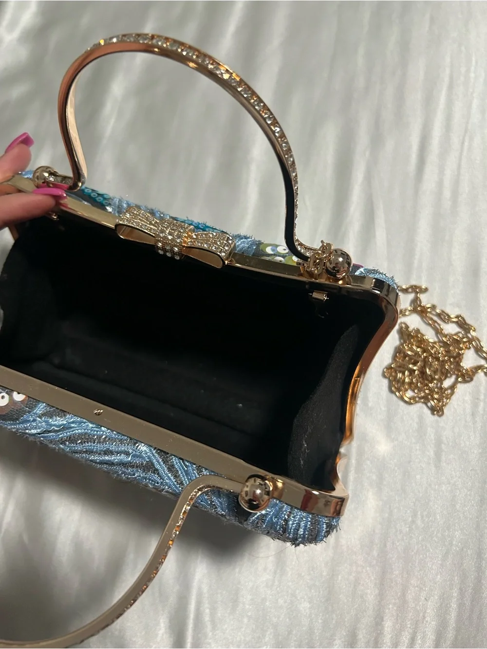 Blue Sequin Embellished Top-Handle Clutch
